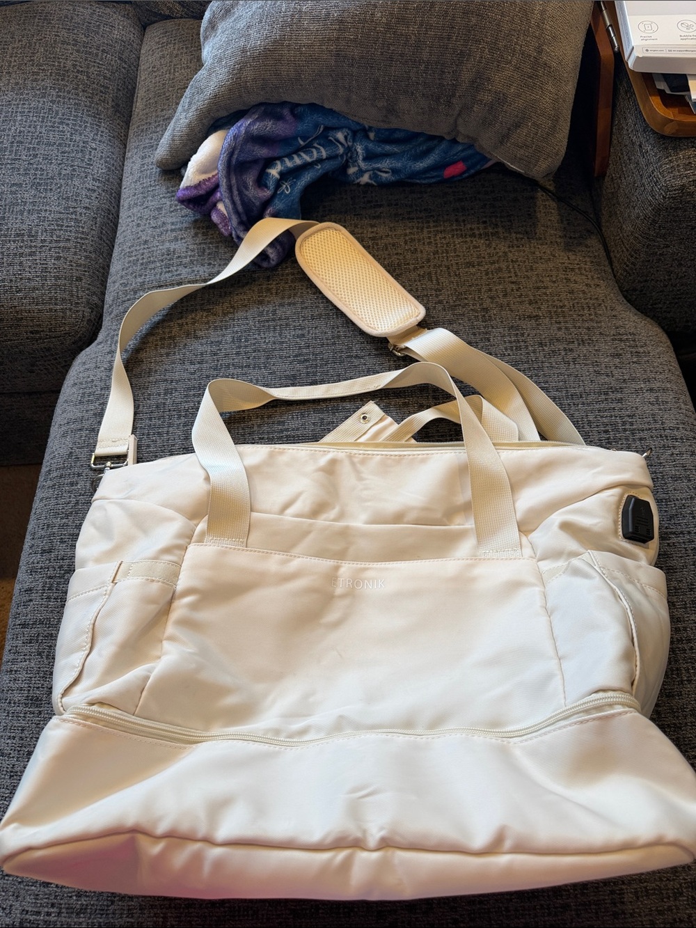 Cream Tote with Adjustable Strap & USB port